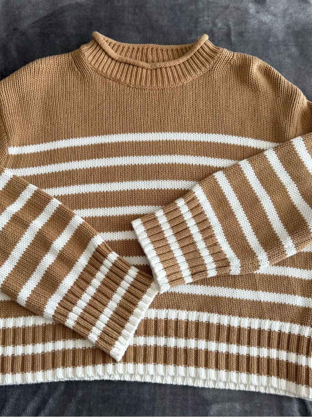J.CREW Rollneck Sweater Women's Size S Tan Striped Chunky Knit Preppy Coastal